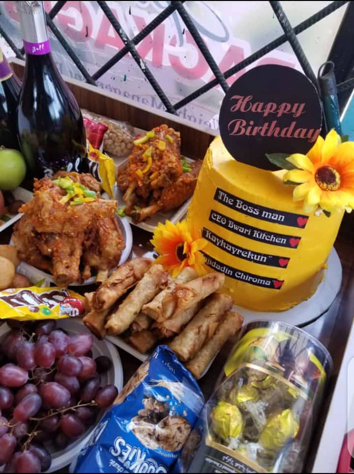 Bwari Kitchen birthday catering spread with cake and finger food